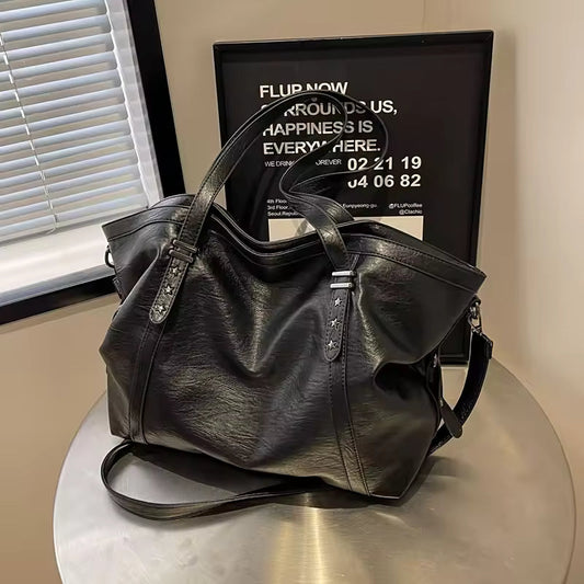 Oversized Washed Leather Hobo Bag – Dual Handle Crossbody Tote With Star Stud