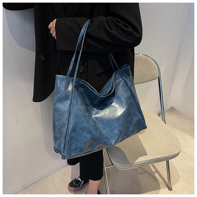 Oversized Washed Leather Slouch Tote Bag – Large Capacity Soft Shoulder