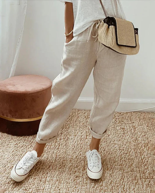 Trousers Beige With Solid Linen Texture