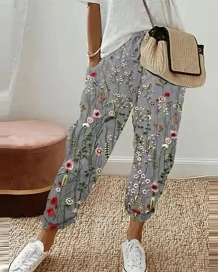 Trousers Grey With Wildflower Embroidery