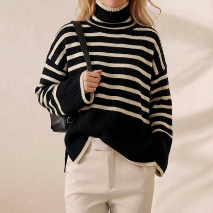 Parisian Stripe Oversized Turtleneck Knit Sweater