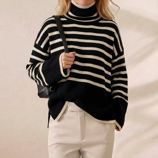 Parisian Stripe Oversized Turtleneck Knit Sweater