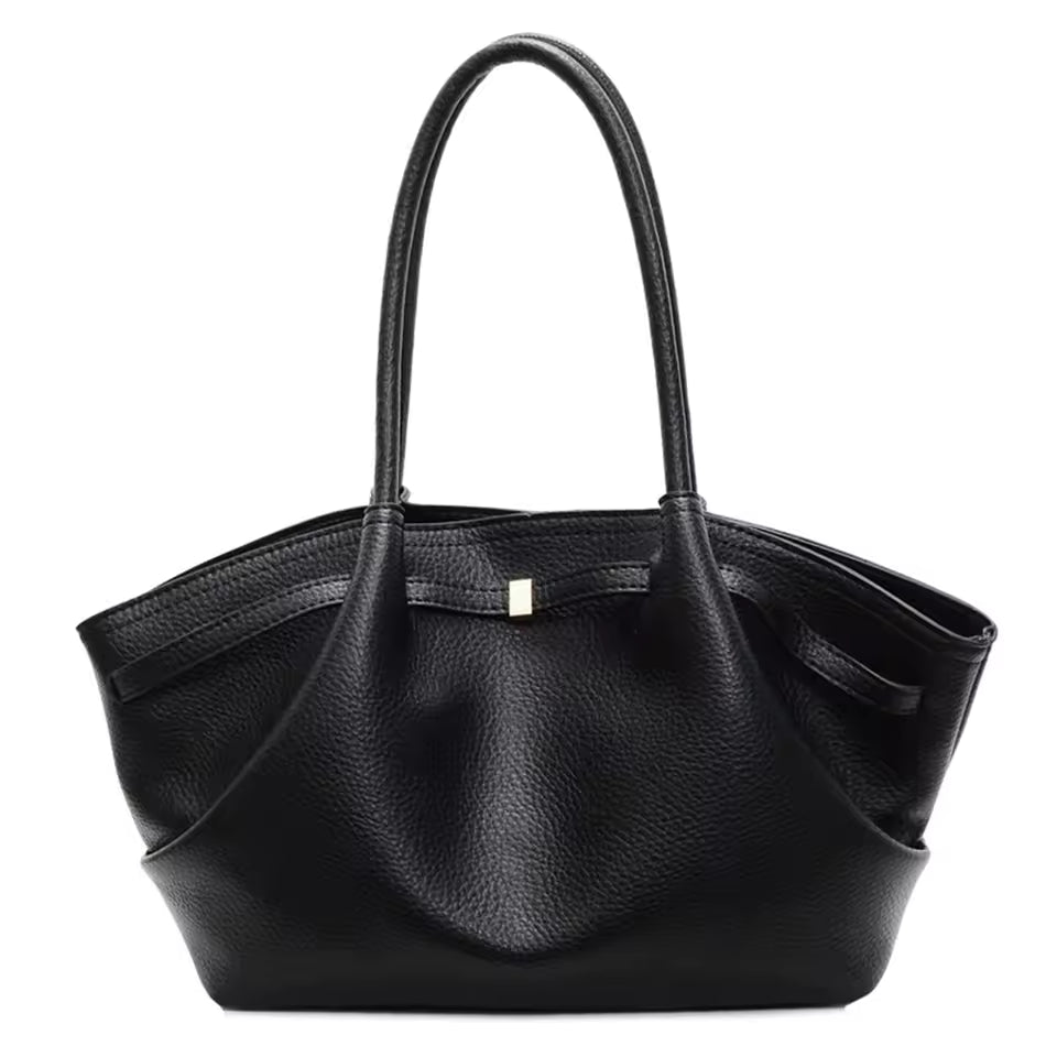 Pebbled Leather Winged Tote Bag – Elegant Bow Clasp Shoulder