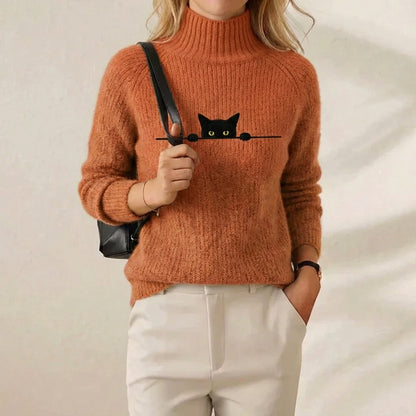 Peek-a-Boo Cat Turtleneck Burnt Orange Embroidered Knit Sweater