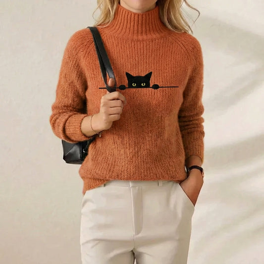 Peek-a-Boo Cat Turtleneck Burnt Orange Embroidered Knit Sweater