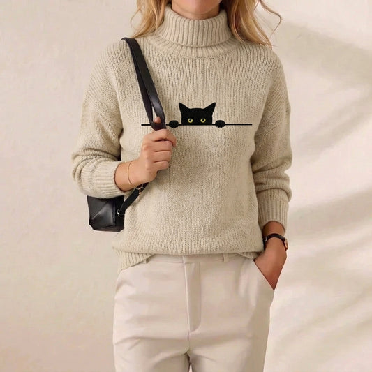 Peek A Boo Black Cat Embroidered Turtleneck Knit Sweater