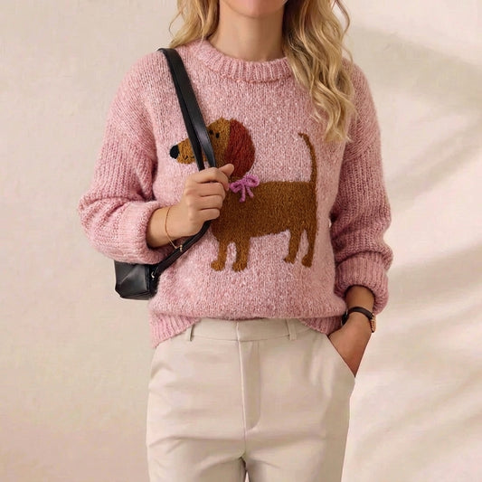 Pink Dachshund With Bow Intarsia Mohair Crew Neck Sweater