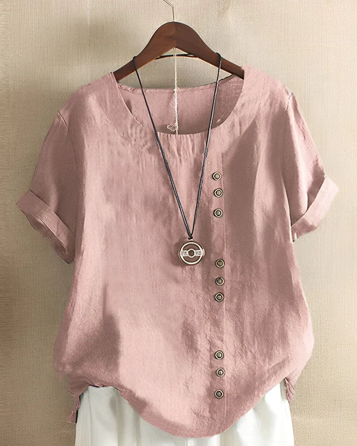 Linen Button Detail Short Sleeve Top