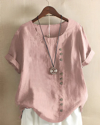 Linen Button Detail Short Sleeve Top