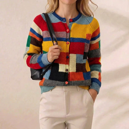 Primary Color Patchwork Block Button Front Knit Cardigan
