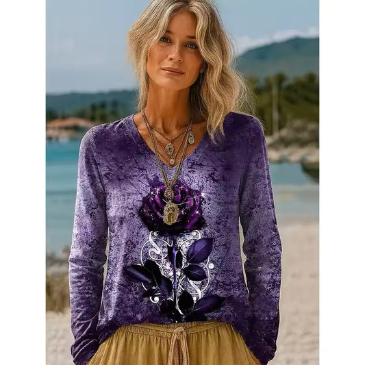 Purple Floral Print V Neck Long Sleeve Top