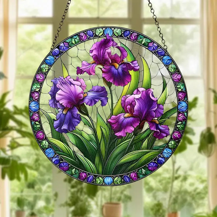 Purple Iris Flower Circle Suncatcher