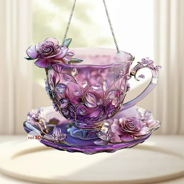 Purple Rose Teacup Saucer Suncatcher