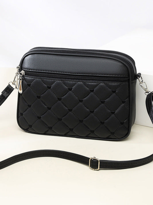 Quilted Heart Embroidered Crossbody Bag – Double Zip Leather Shoulder Purse