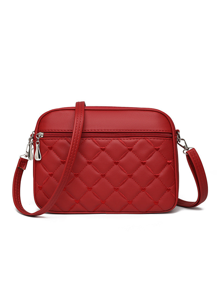 Quilted Heart Embroidered Crossbody Bag – Double Zip Leather Shoulder Purse