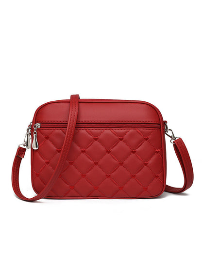 Quilted Heart Embroidered Crossbody Bag – Double Zip Leather Shoulder Purse