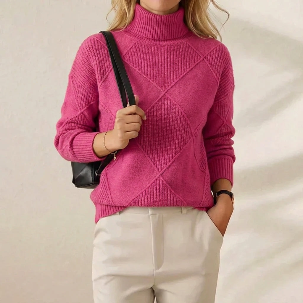 Raspberry Diamond Turtleneck Hot Pink Geometric Knit Sweater
