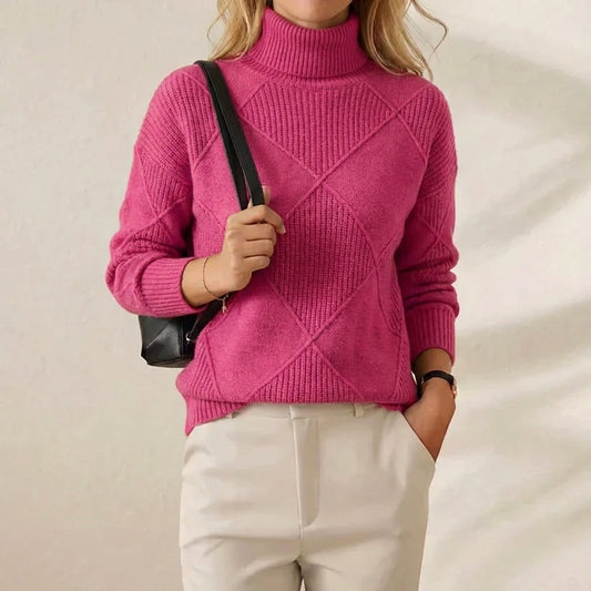 Raspberry Diamond Turtleneck Hot Pink Geometric Knit Sweater