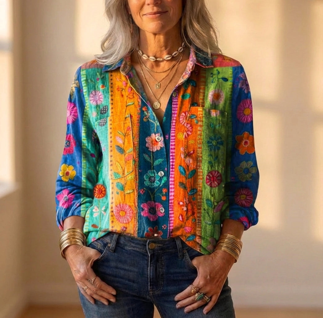 Rayon Blouse With Rainbow Botanical Block Print