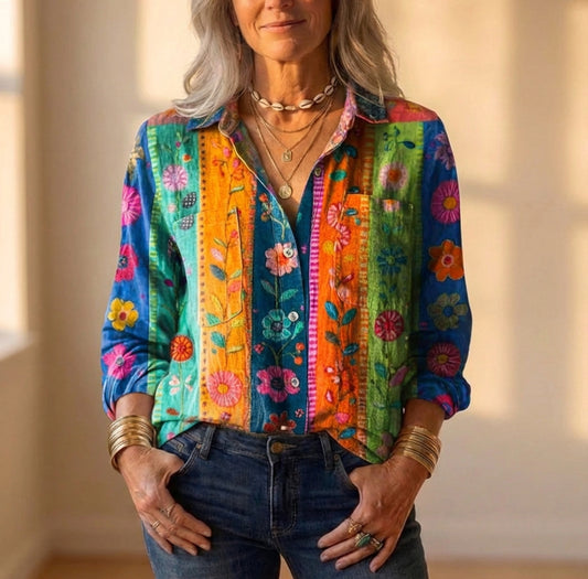 Rayon Blouse With Rainbow Botanical Block Print
