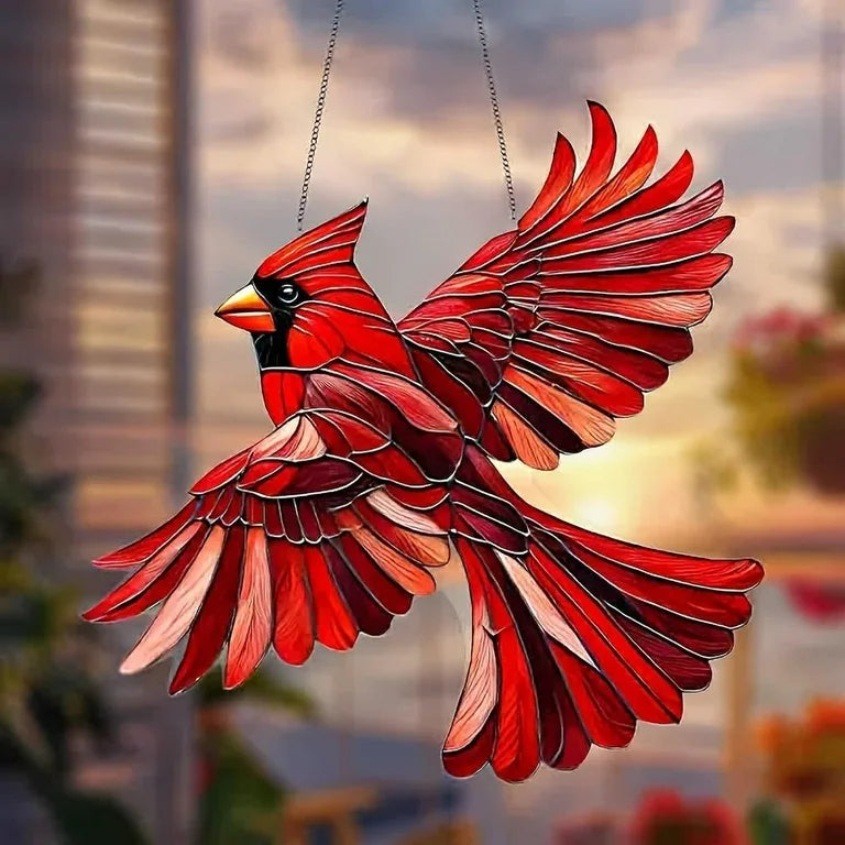 Red Cardinal Suncatcher   Flying Bird Stained Glass