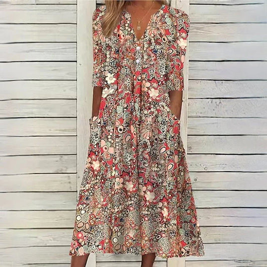 Retro Floral Print V Neck Midi Dress