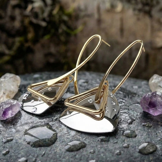 Retro Gold Triangular Silver Pendant & Curved Hook Earrings