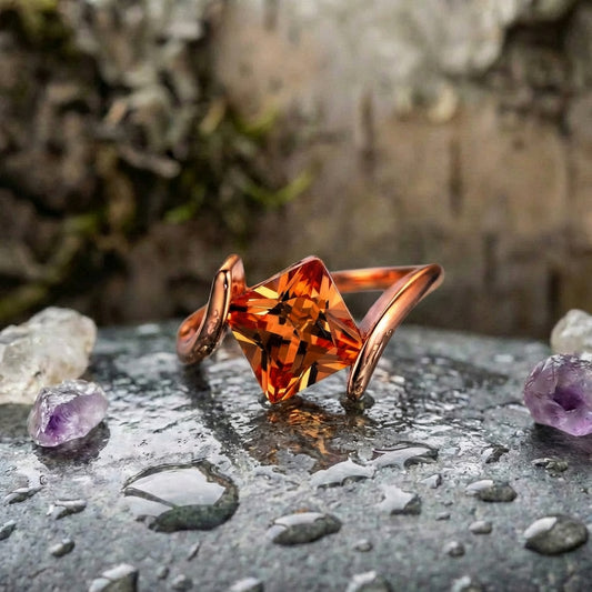 Rose Gold Pyramid Cut Orange Gem Ring