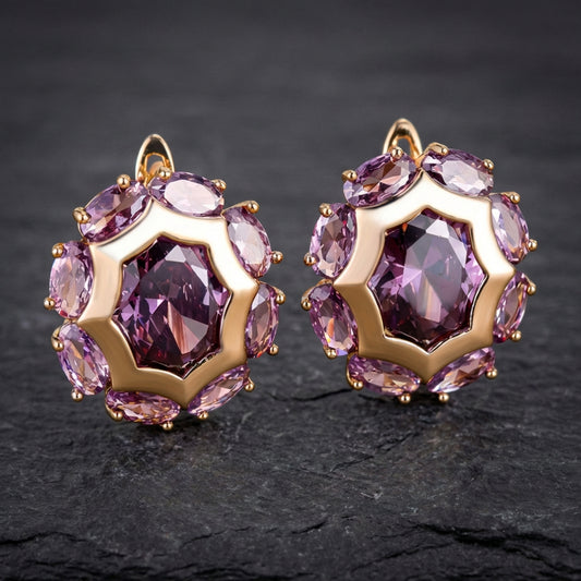 Rounded Violet Zirconia Gold Earrings