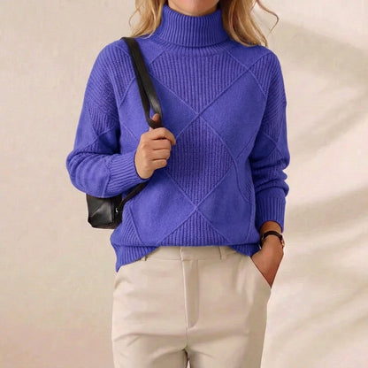 Royal Blue Diamond Texture Ribbed Turtleneck Pullover