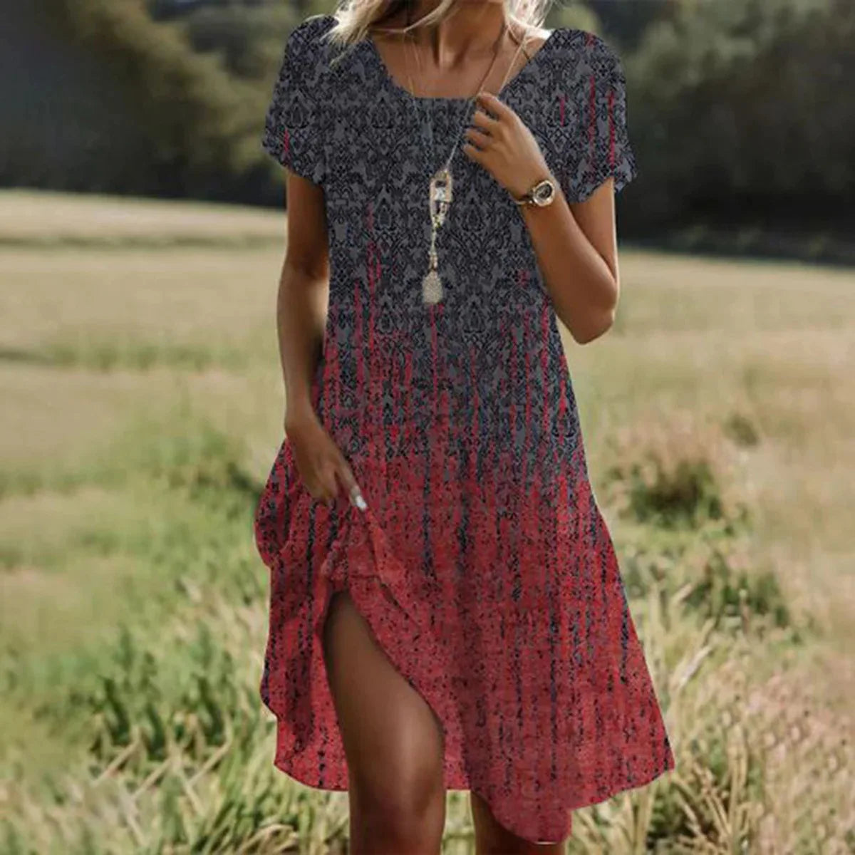 KS | Summer Bohemian Dresses for Women V-Neck Short Sleeve Flower Printed Beach Vacation Dress Women Maxi Dresses Boho