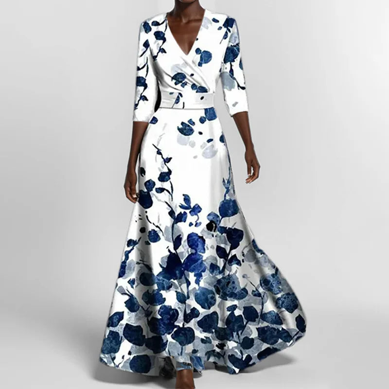 KS | Spring Summer Women Fashion V Neck Belted Party Long Dress Sexy Print Boho Maxi Dresses Short Sleeve Bag Femlae Vacation
