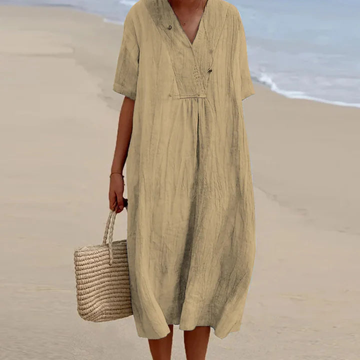 Linen V Neck Midi Dress