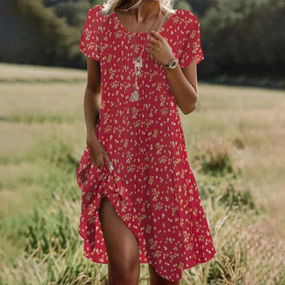 KS | Summer Bohemian Dresses for Women V-Neck Short Sleeve Flower Printed Beach Vacation Dress Women Maxi Dresses Boho