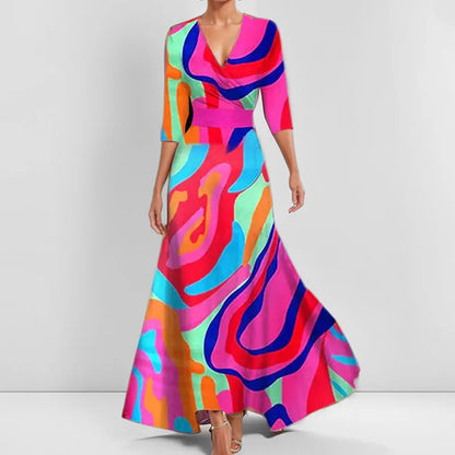 KS | Spring Summer Women Fashion V Neck Belted Party Long Dress Sexy Print Boho Maxi Dresses Short Sleeve Bag Femlae Vacation