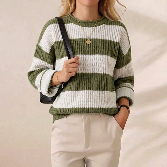 Sage & Cream Bold Stripe Oversized Crew Neck Sweater