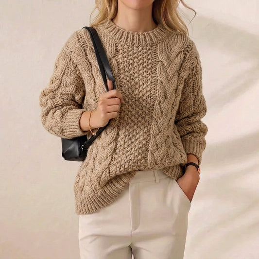 Sand Dune Chunky Cable Knit Oversized Crew Neck Sweater
