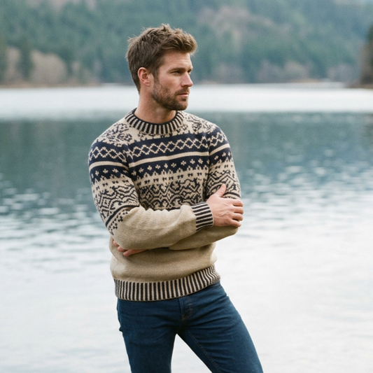 Sand & Navy Allover Fair Isle Crewneck