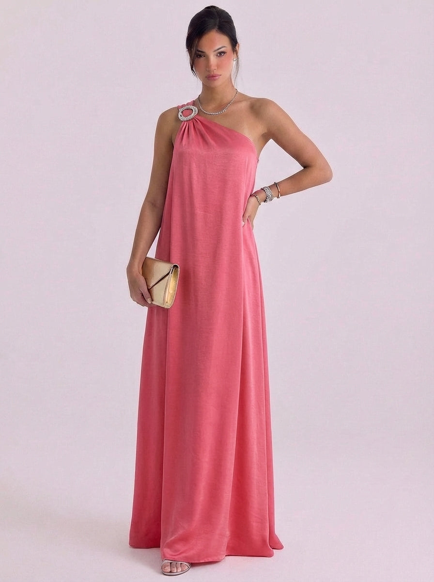 Satin Crystal Brooch One-Shoulder Gown Floor-Length