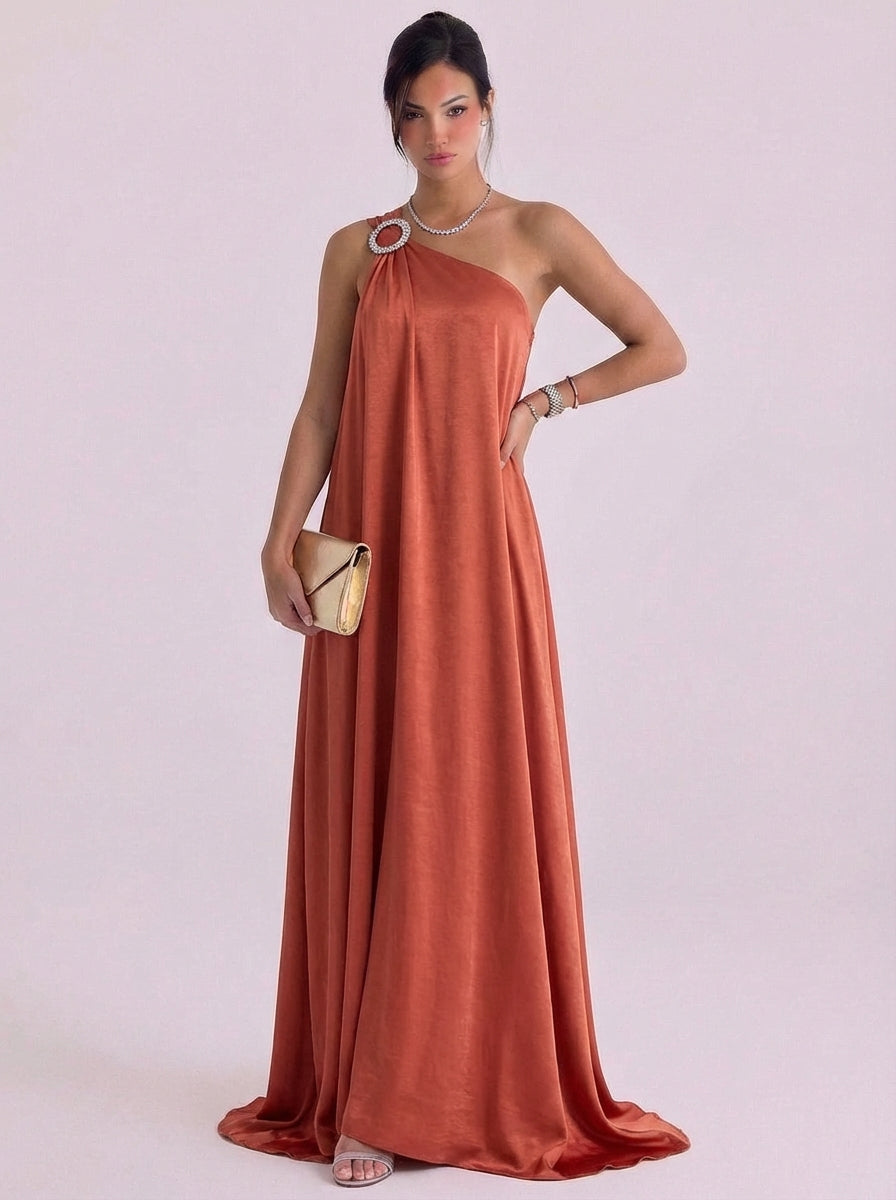 Satin Crystal Brooch One-Shoulder Gown Floor-Length