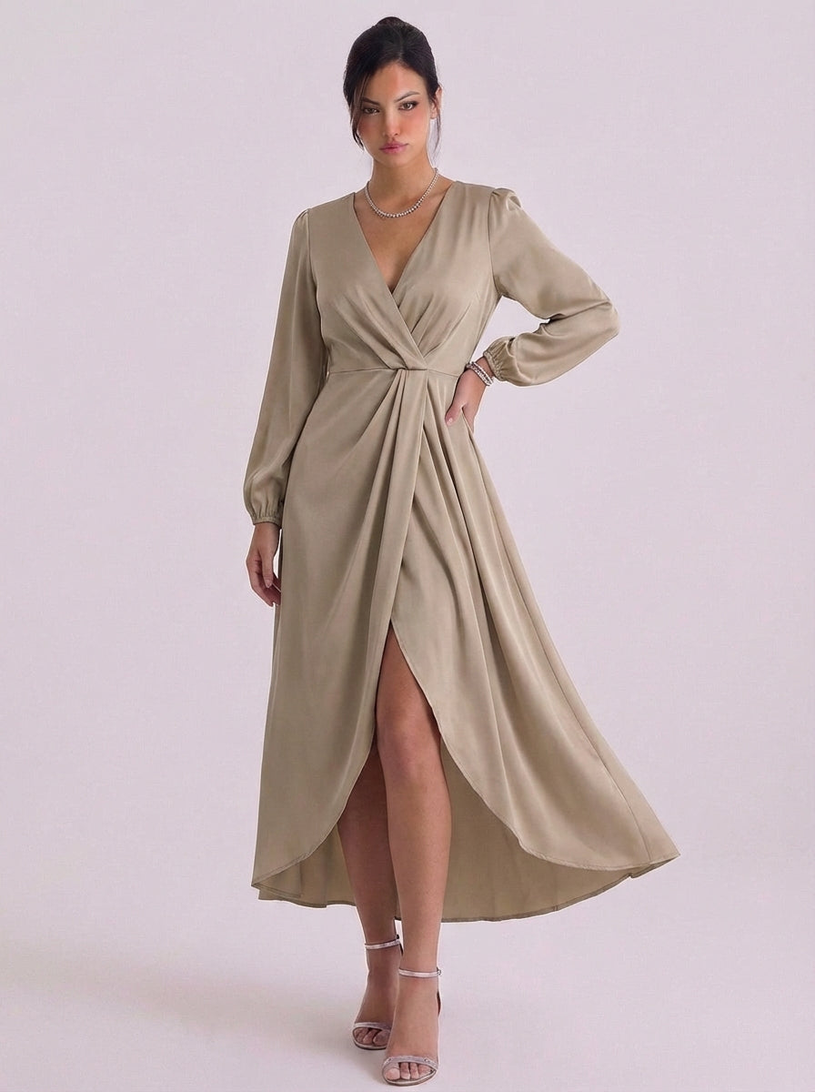Satin Wrap Long Sleeve Maxi Dress With High Slit