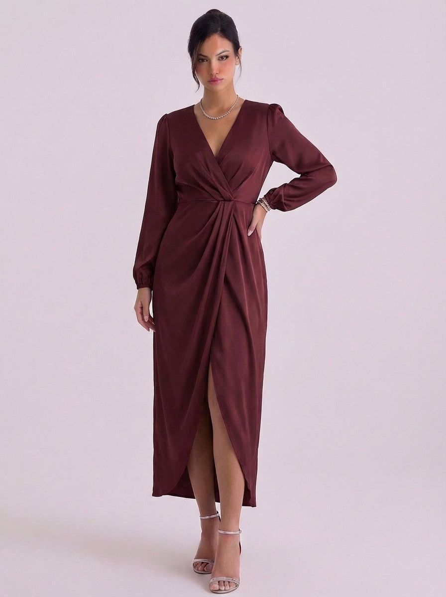 Satin Wrap Long Sleeve Maxi Dress With High Slit