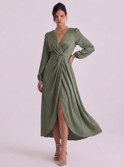 Satin Wrap Long Sleeve Maxi Dress With High Slit