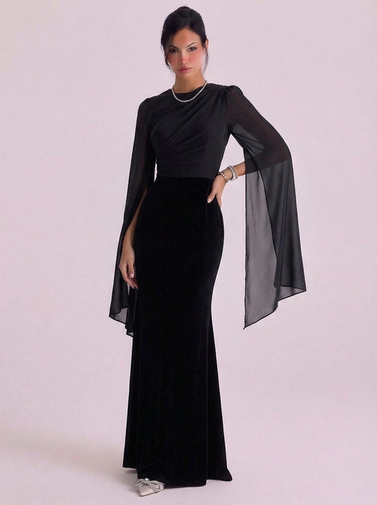 Satin Bell Sleeve Gown Floor Length Fitted