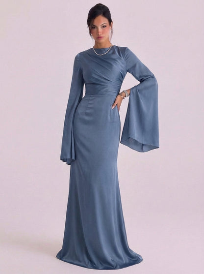 Satin Bell Sleeve Gown Floor Length Fitted