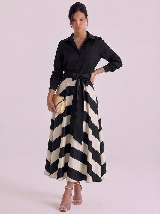 Satin Button Front Maxi Dress With Striped Skirt Tie Waist