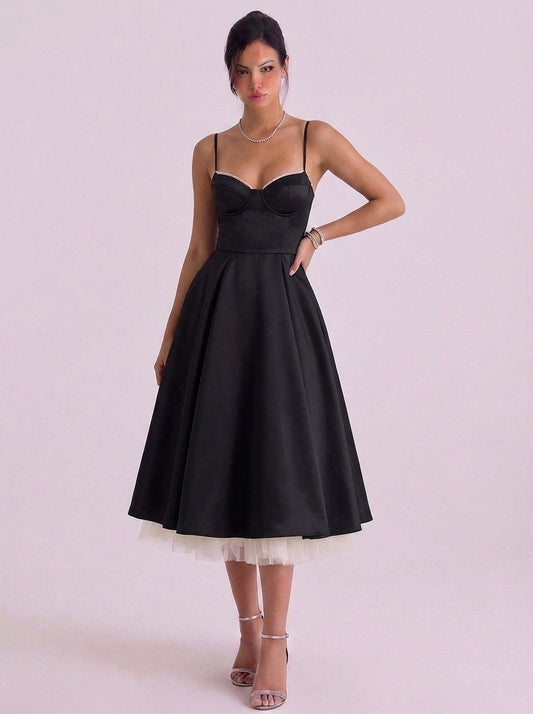 Satin Corset Bodice Midi Dress With Tulle Underskirt