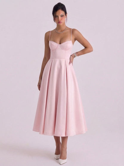 Satin Corset Bodice Midi Dress With Tulle Underskirt