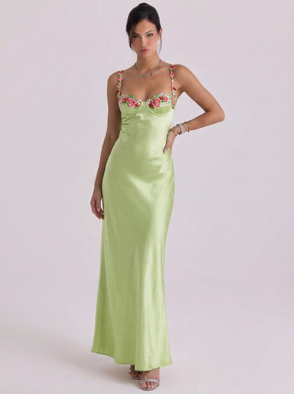 Satin Floral Appliqué Slip Midi Dress