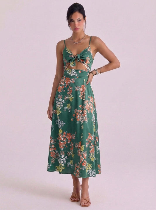 Satin Floral Cutout Midi Dress With Tie Front